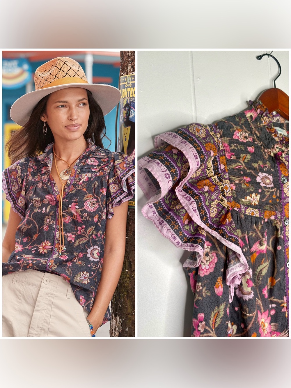Sundance Marceline Floral Top Birds Flowers Ruffle Sleeve Bohemian Size Small